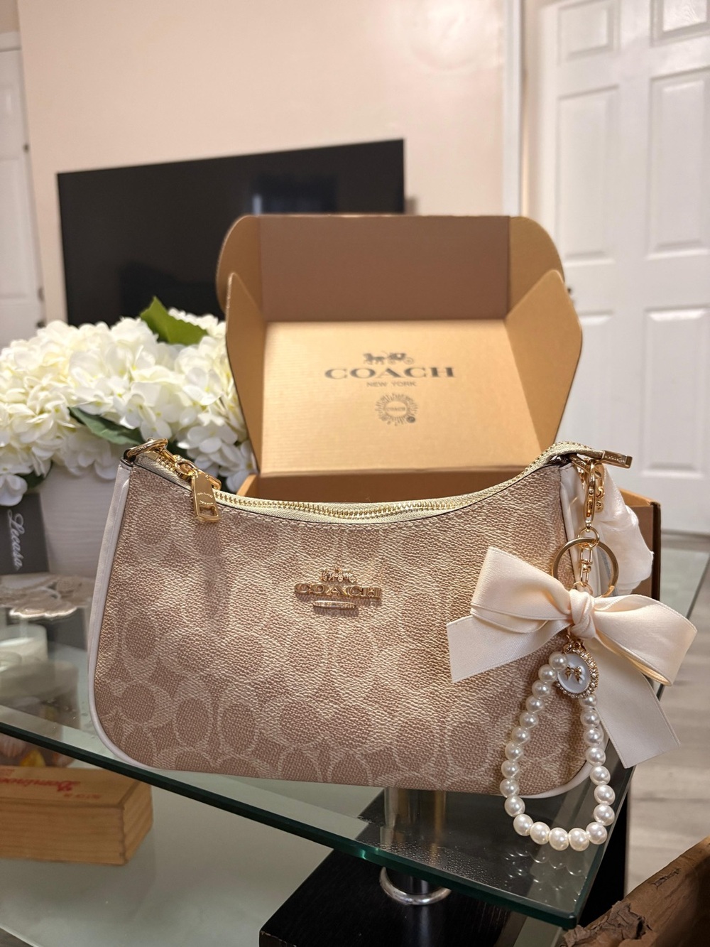 Coach Pale Pink Mini Shoulder Bag with Pearl Charm and Bow